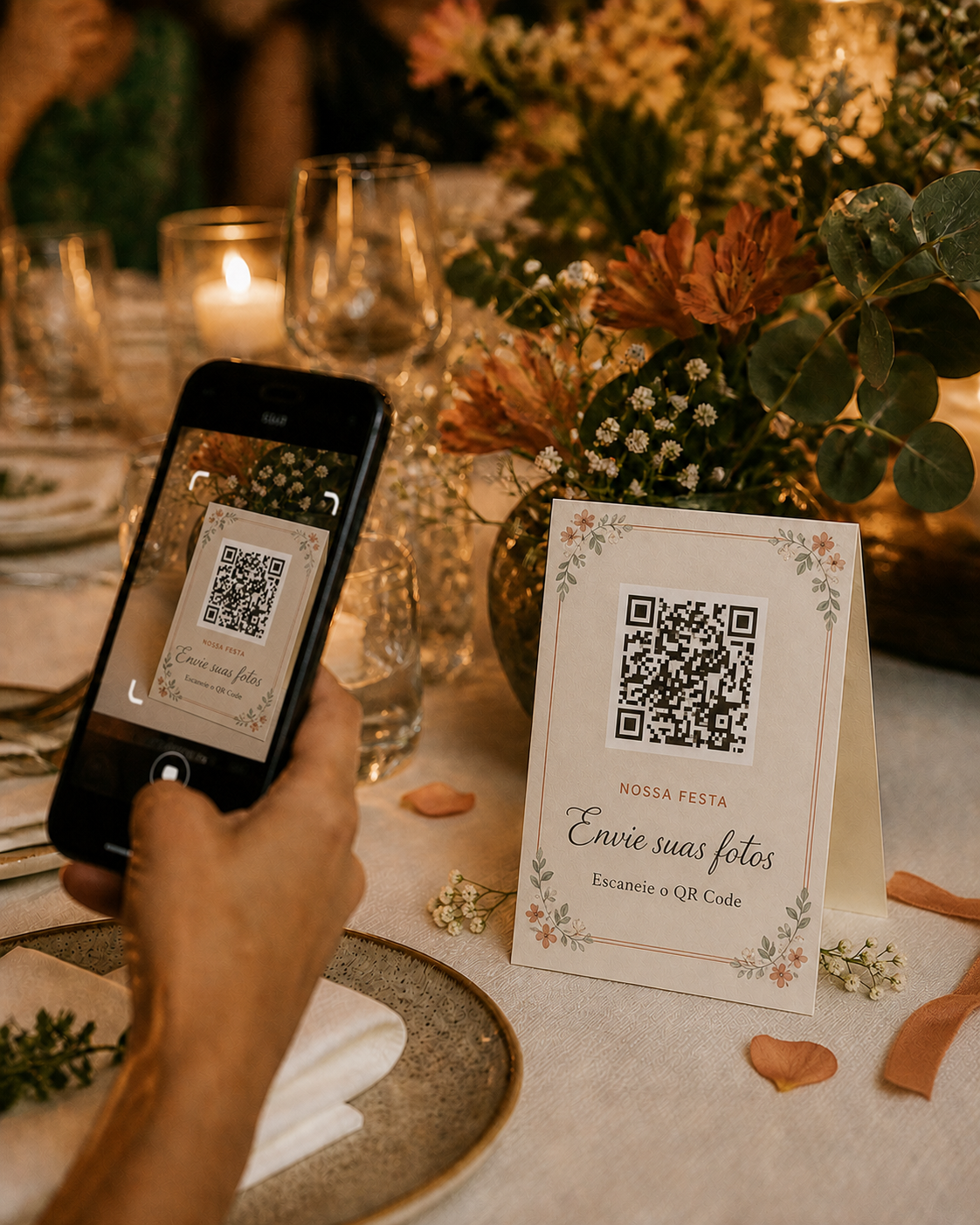 Convidada escaneando o QR Code de uma plaquinha decorada na mesa do casamento.