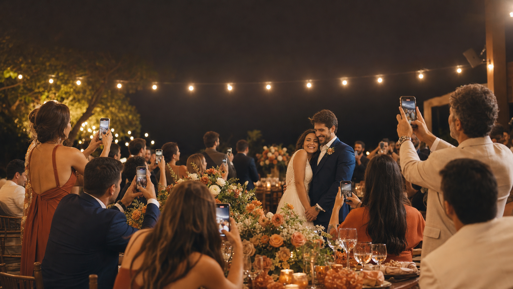 Kit de casamento com QR Code, papelaria e fotos sobre uma mesa.