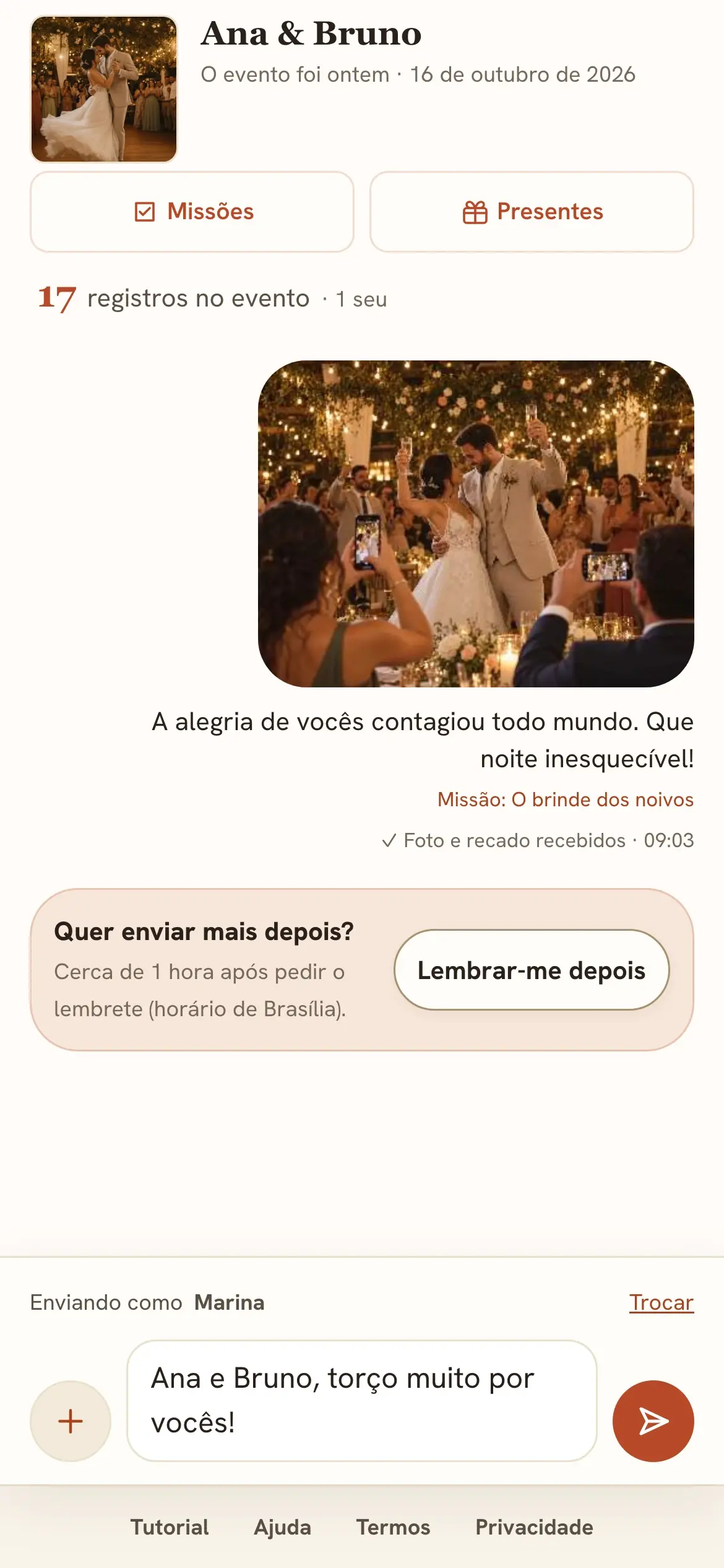 Página do convidado com foto enviada, recado e botão para adicionar registros