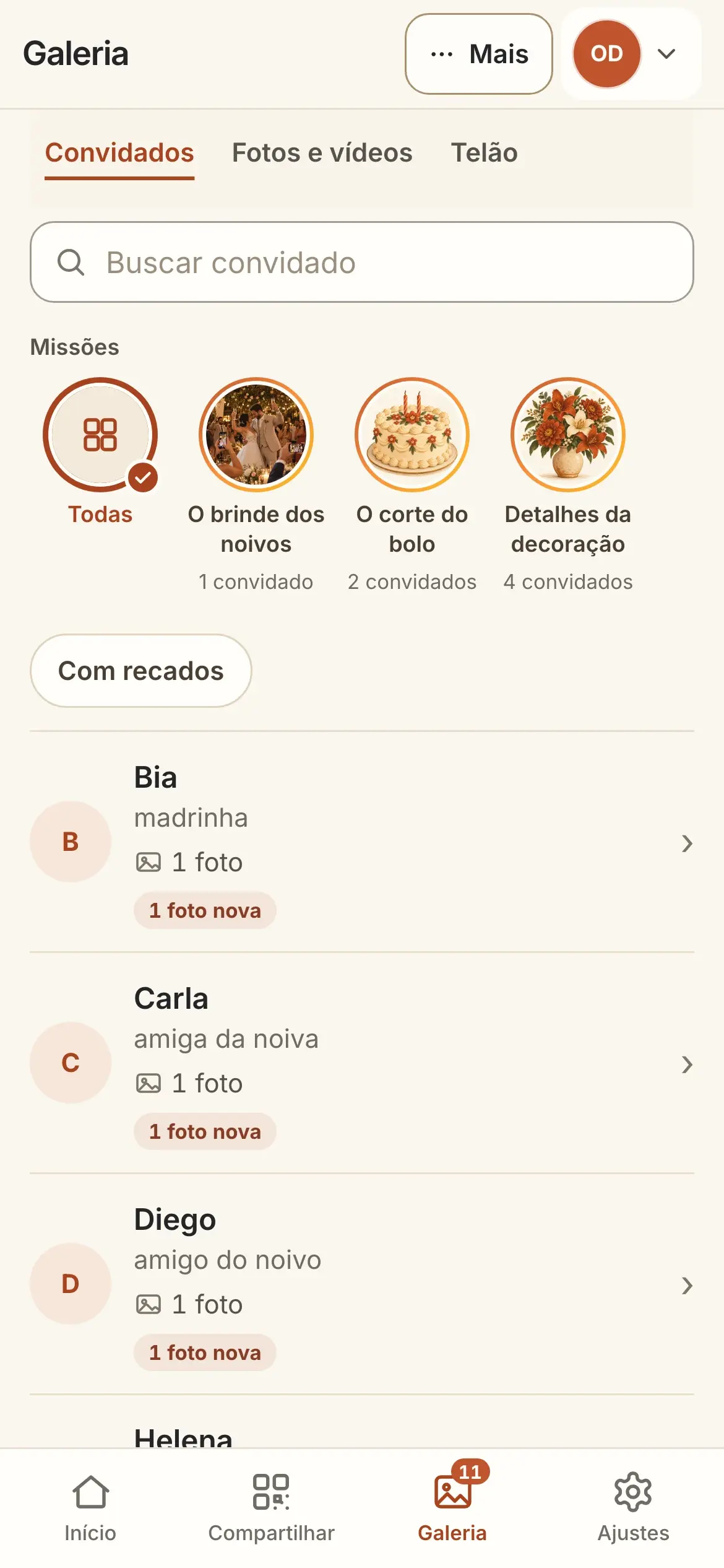 Galeria de quem organiza, com missões e envios agrupados por convidado