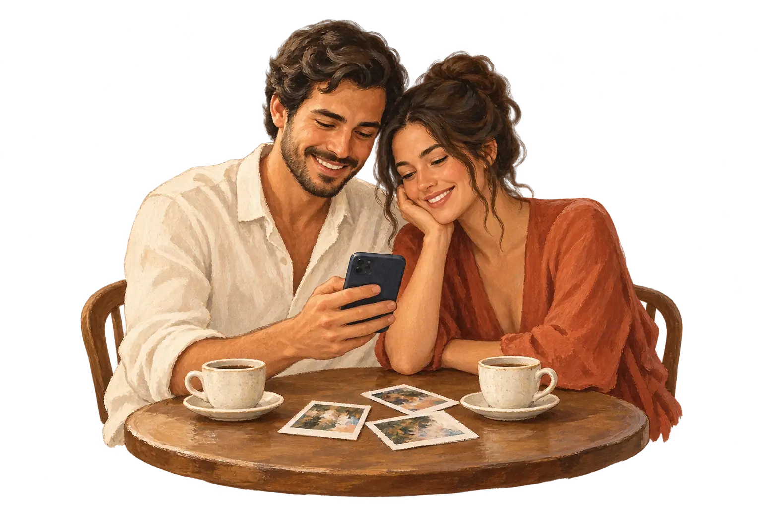 Casal adulto revendo lembranças da festa no celular.