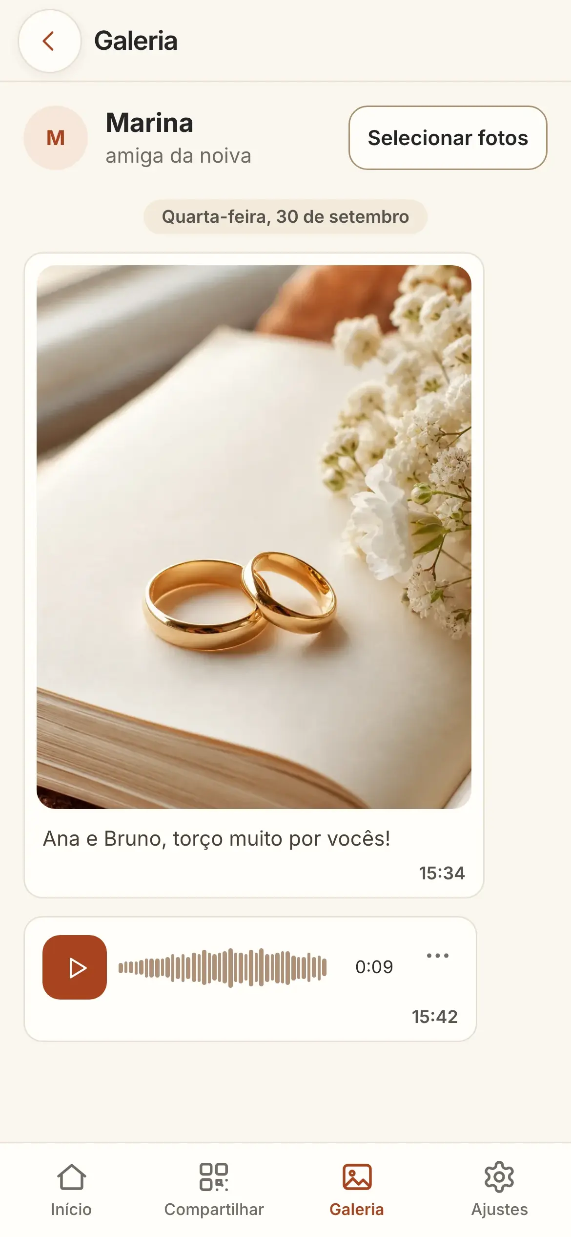 Envios de uma convidada no celular: foto, recado escrito e recado de voz