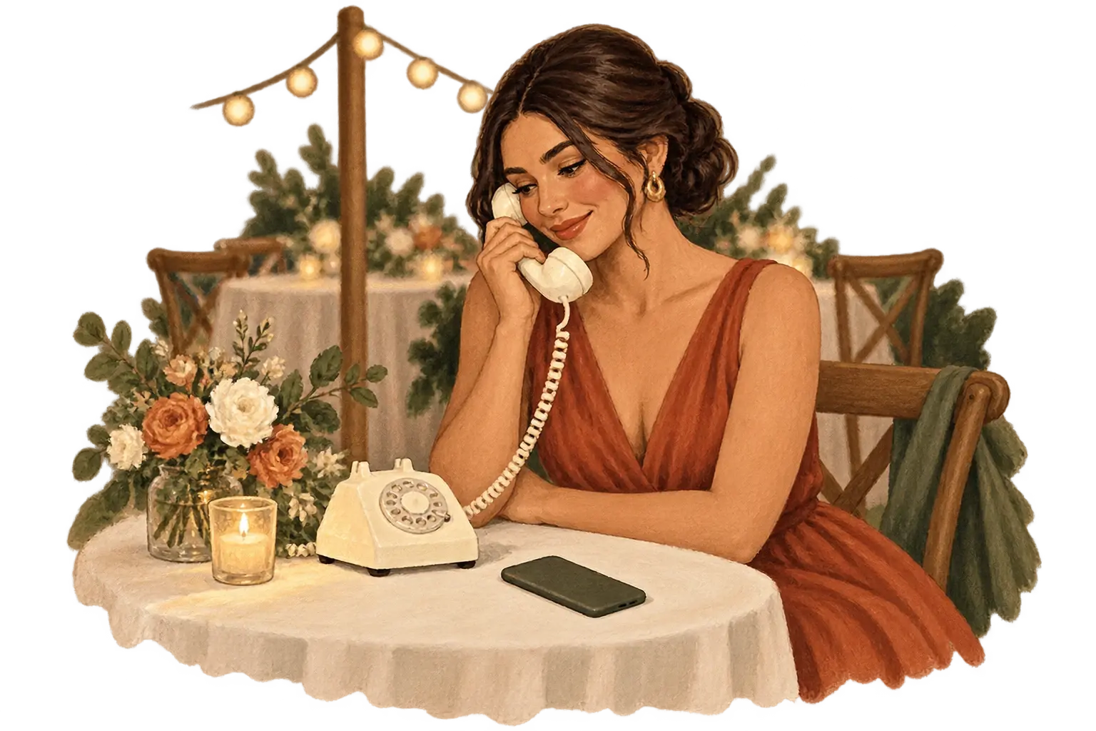 Ilustração de uma convidada adulta gravando um recado em um telefone de mesa.