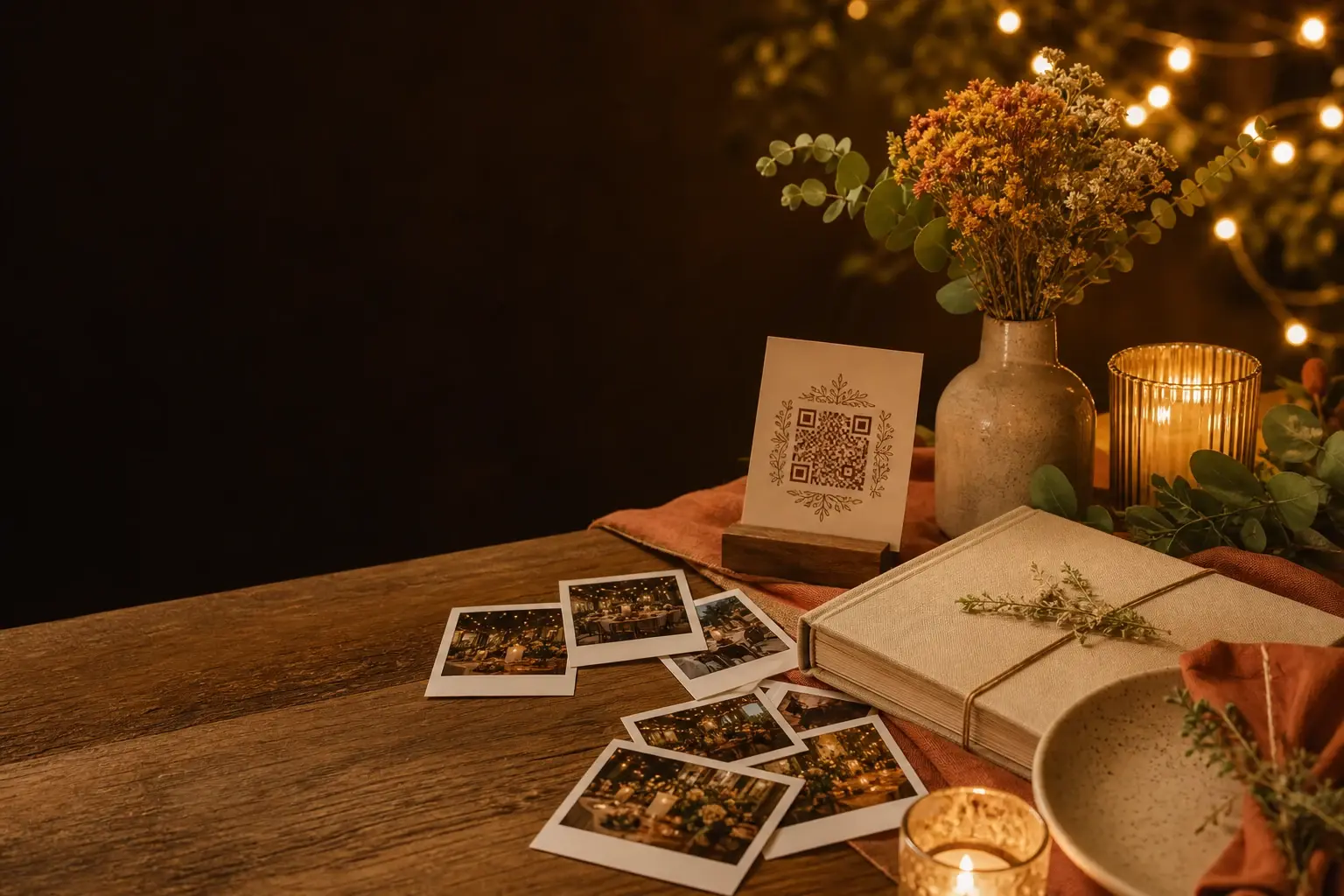 Mesa de casamento com cartão de QR Code e fotos do evento.