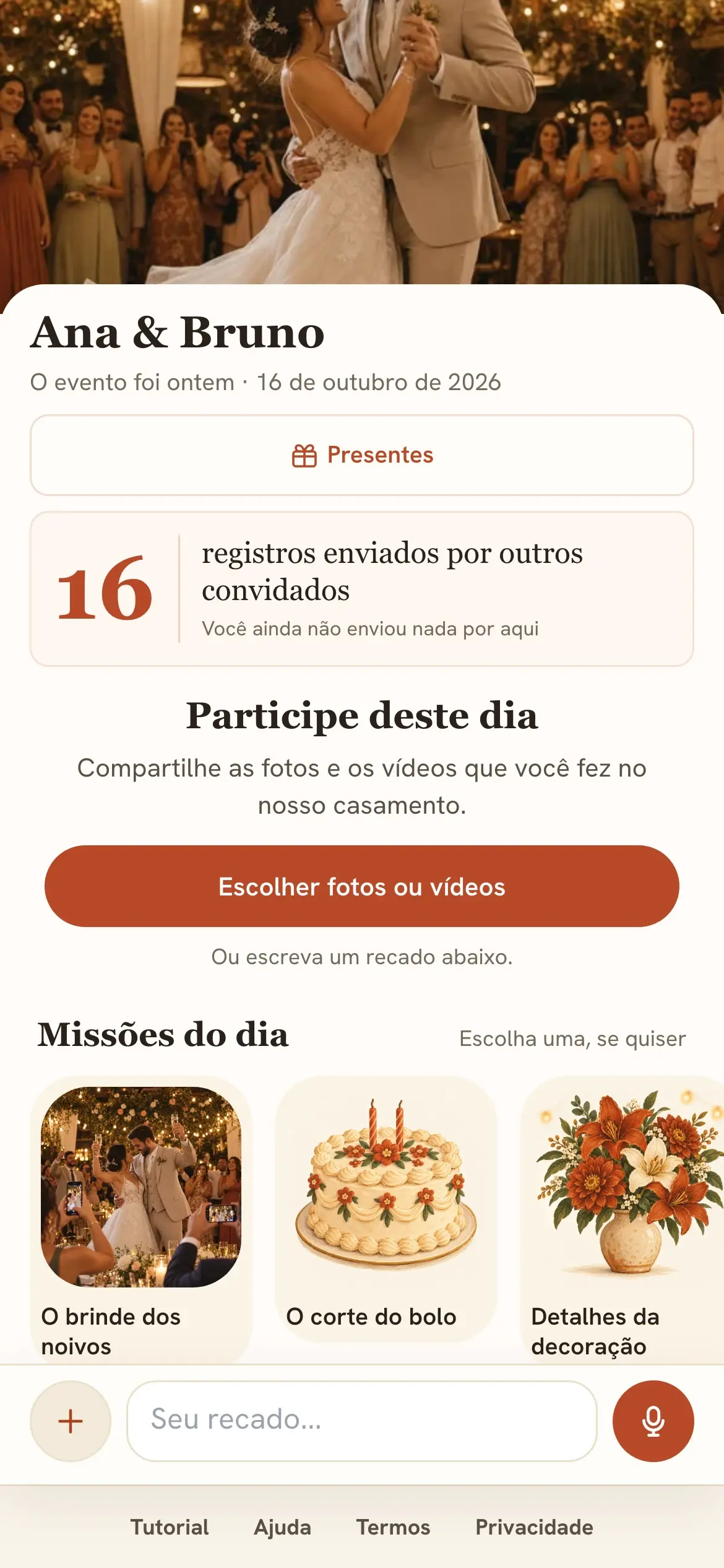 Página do evento no celular, com a foto do casal, o botão para escolher fotos ou vídeos e as missões do dia