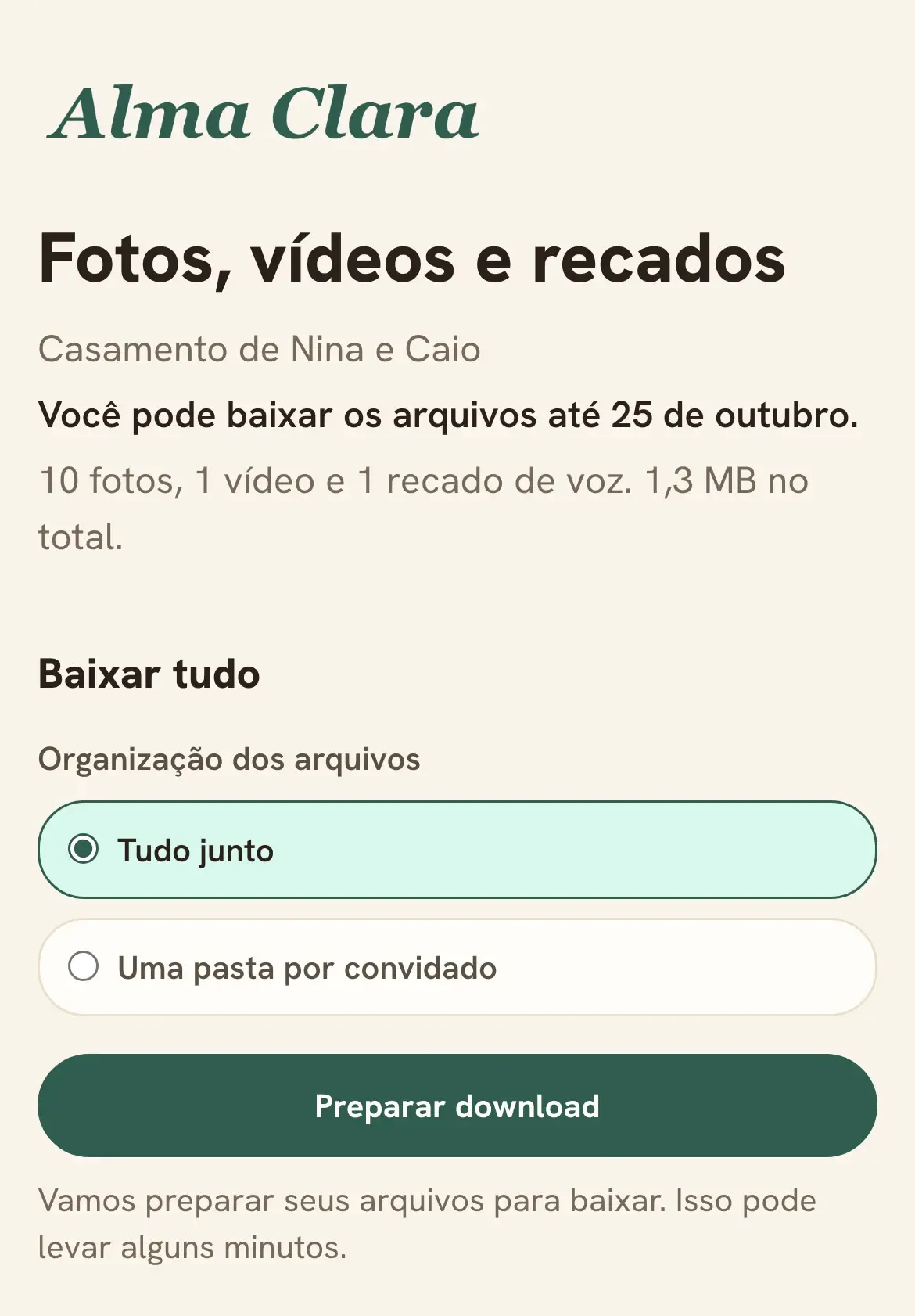 Página de entrega no celular, com o logo da Alma Clara Assessoria no topo, as fotos, o vídeo e o recado de voz do evento e o botão para preparar o download.