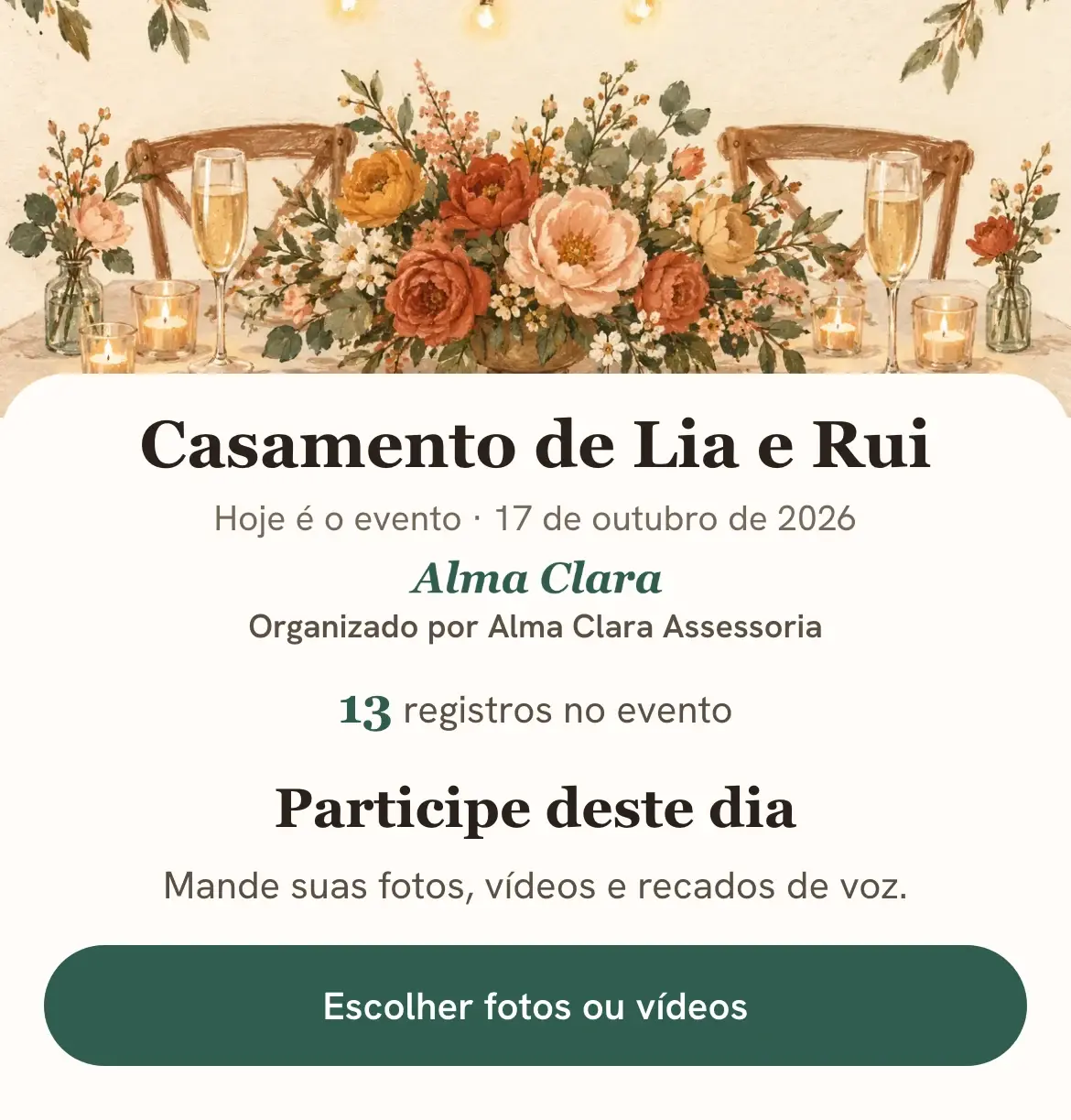 Página do evento no celular, com a foto do casal, o logo da Alma Clara Assessoria e o botão para escolher fotos ou vídeos.
