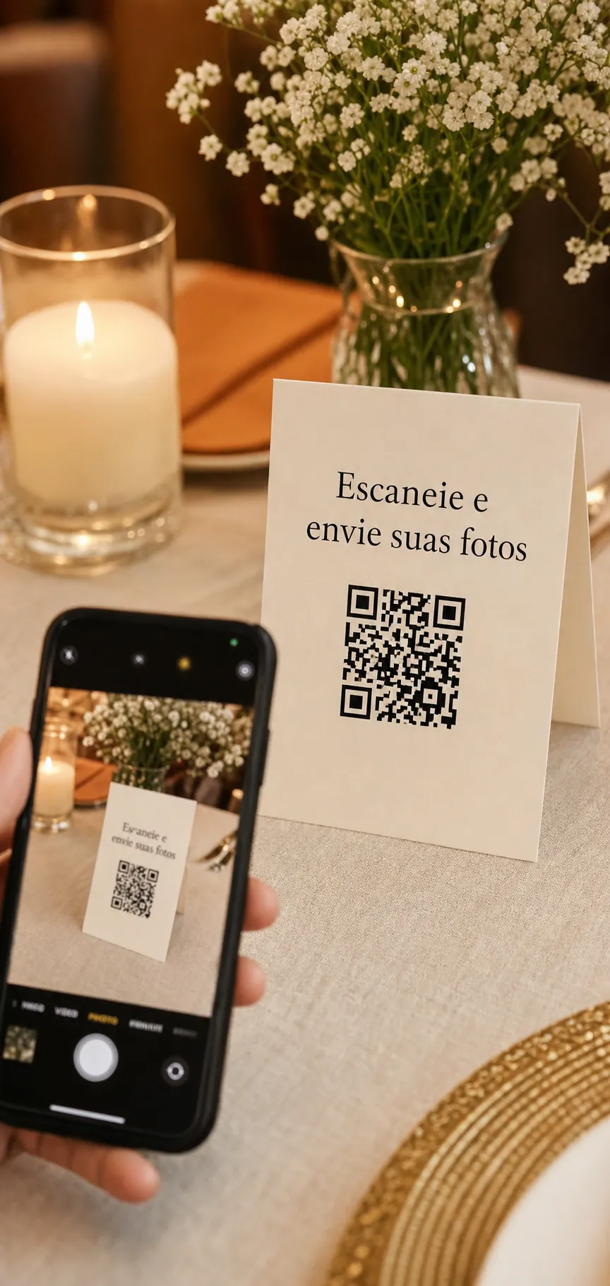 Convidado escaneando o cartão 'Escaneie e envie suas fotos' na mesa do casamento