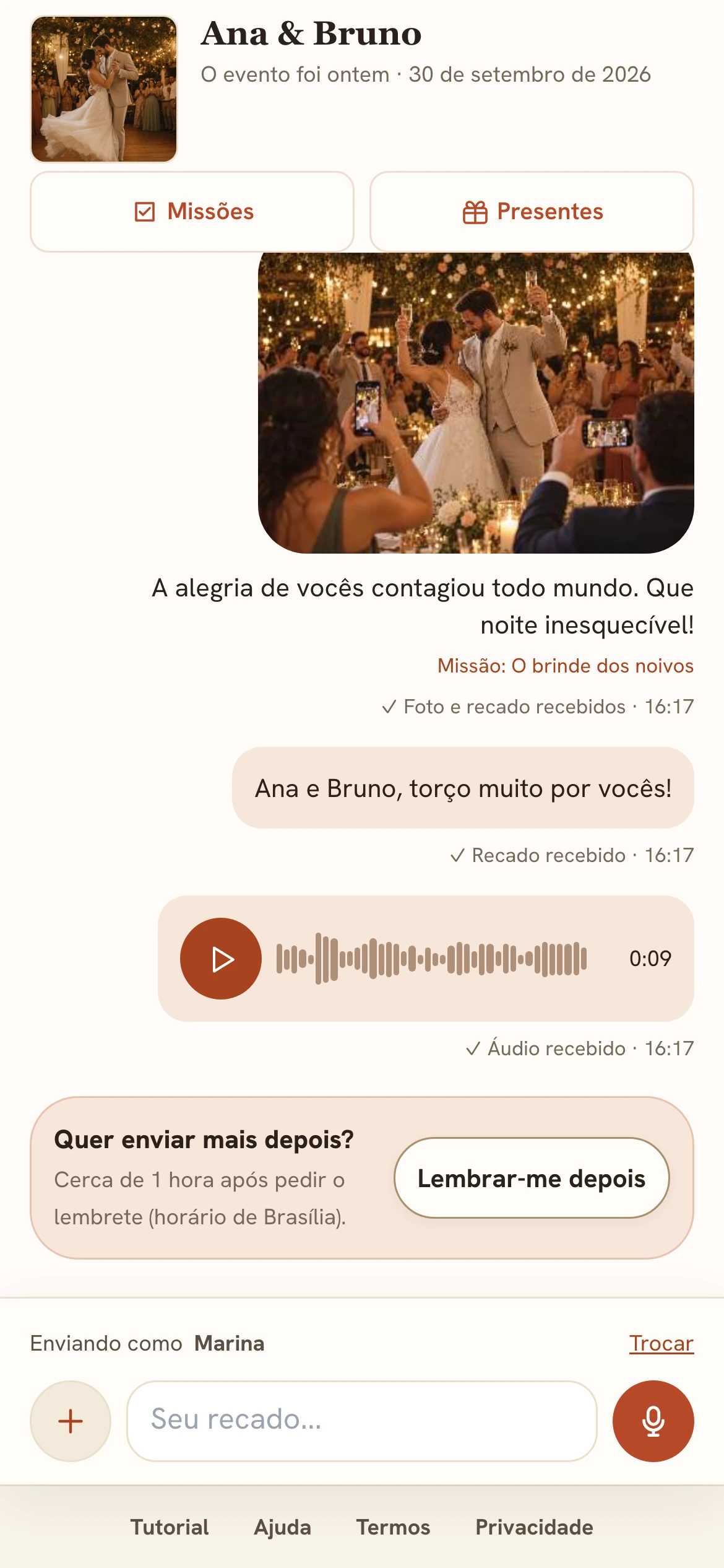 Conversa com foto do brinde, recado escrito e áudio recebido em player com onda sonora