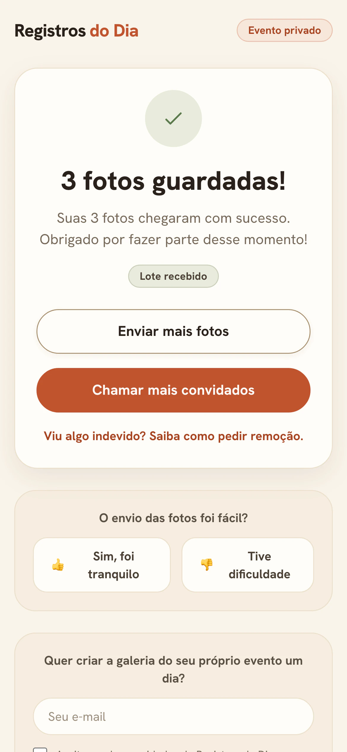 Tela de confirmação de envio para o convidado