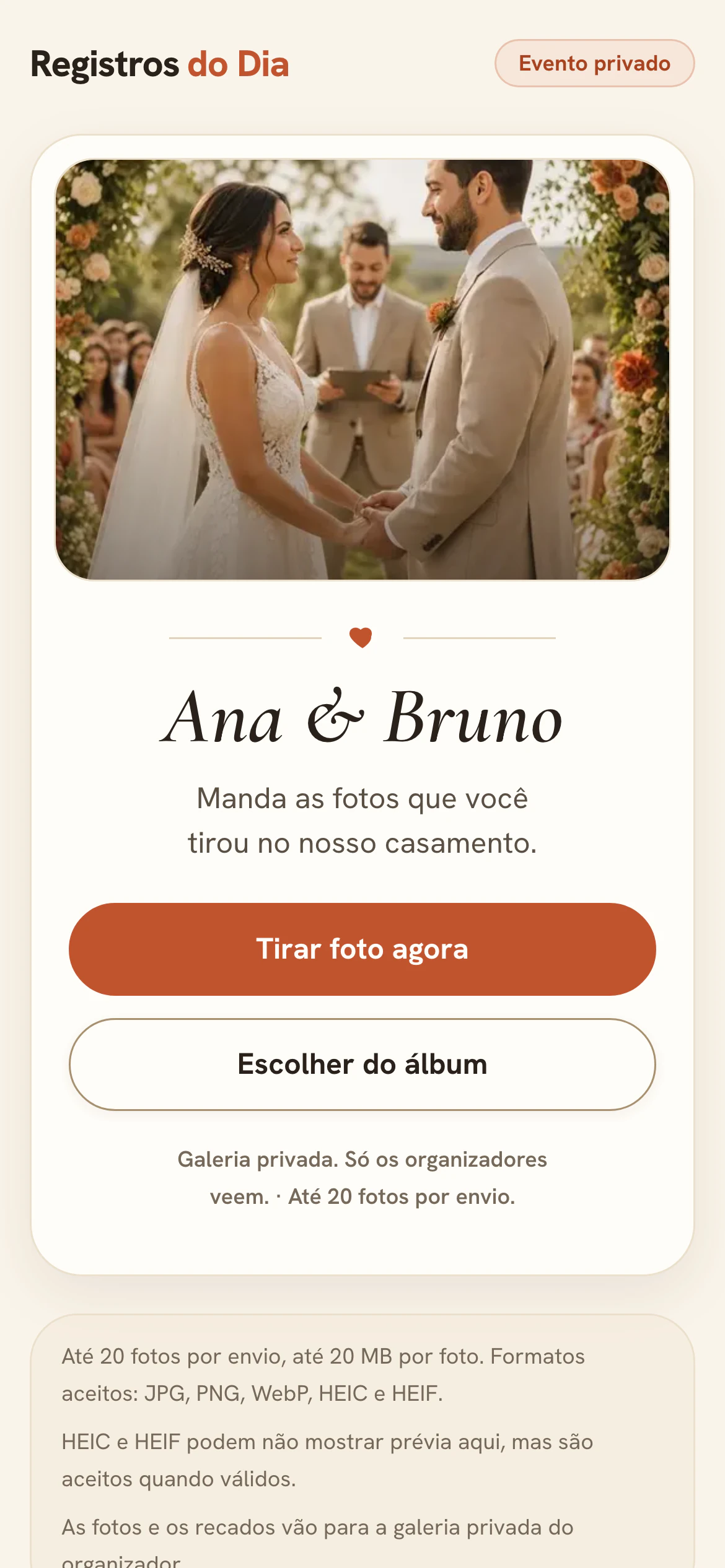 Tela de envio de fotos e recado do convidado