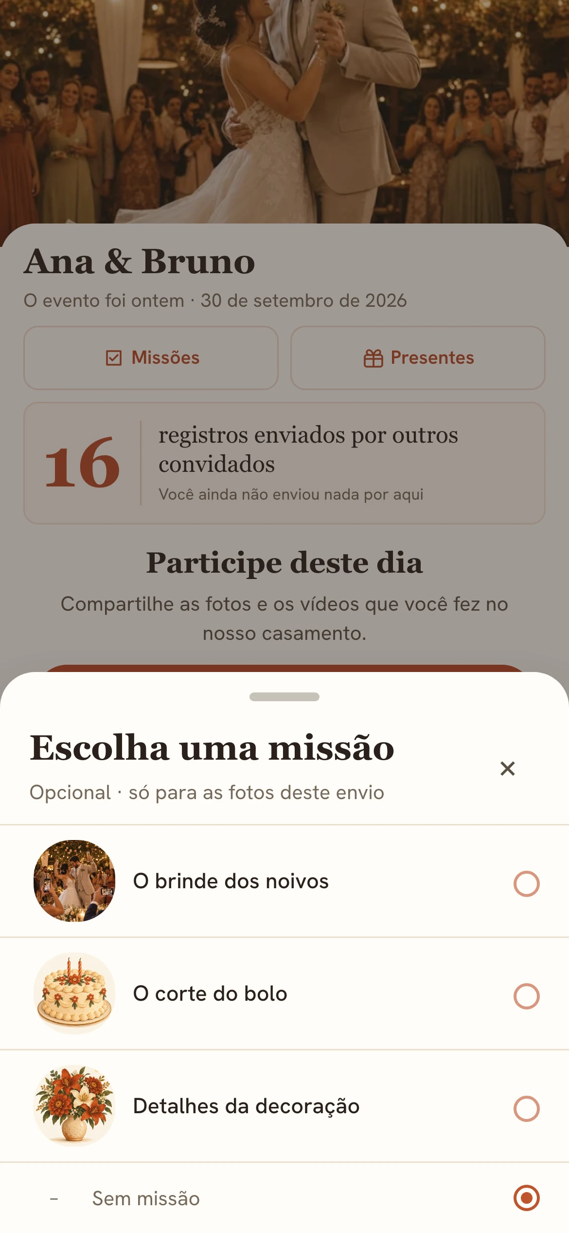 Convidado escolhendo a missão O brinde dos noivos na página do casal