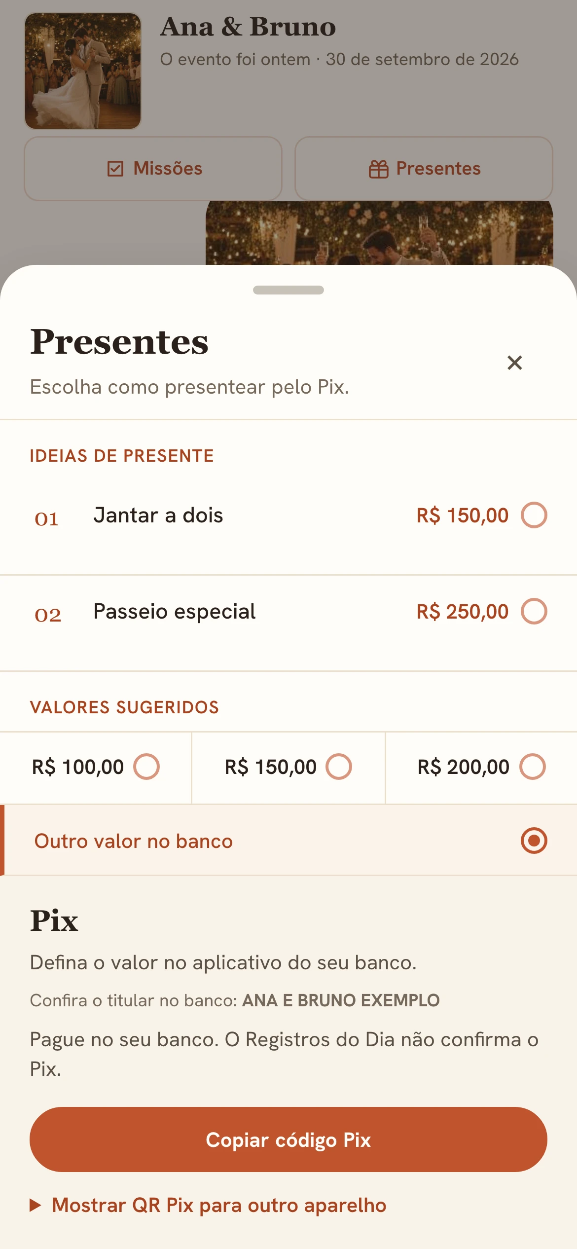 Lista de presentes de demonstração com duas ideias e opção de Pix