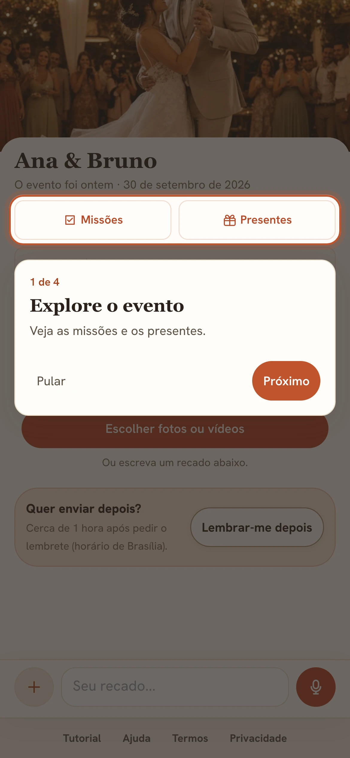 Primeiro passo do tutorial, Explore o evento, destacando Missões e Presentes na página do casal